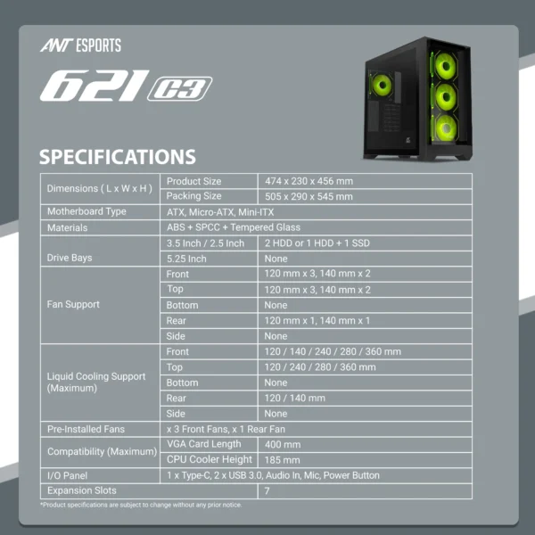 Ant Esports 621 C3 ATX Computer CaseGaming Cabinet - Black (19)