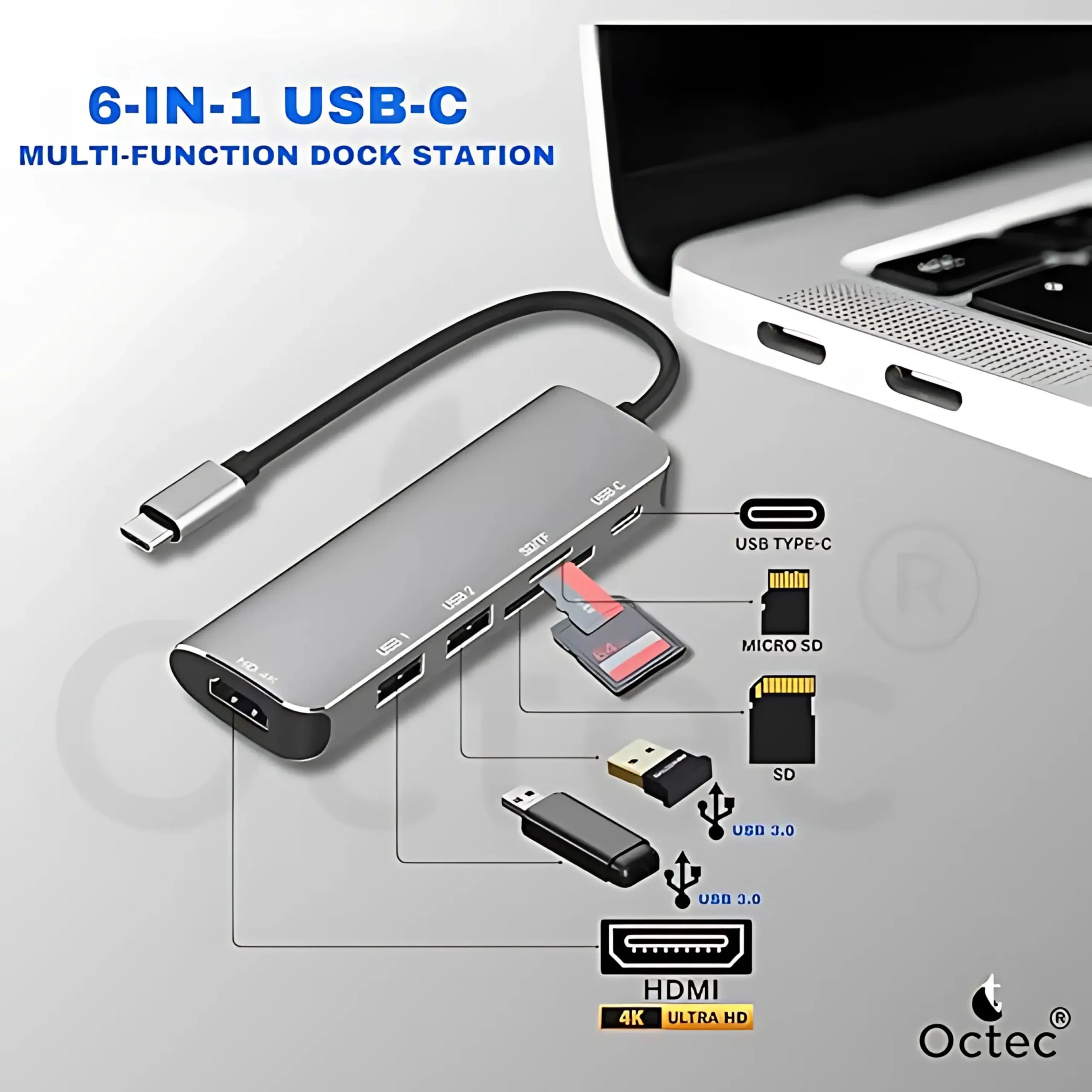 Octec 6-in-1 Type-C Dock _ 4K HDMI _ SD_TF _ 2x USB 2.0 - 2